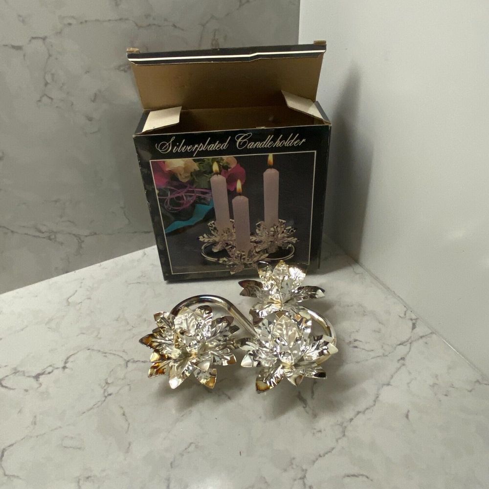 Old Hampshire Silver Plated Flower‎ Shaped 3-Slot Home Decor Candle Holder